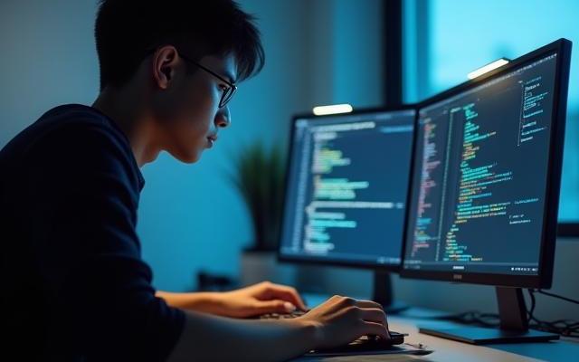 Jeune homme concentré codant sur un écran avec des lignes de code visiblees