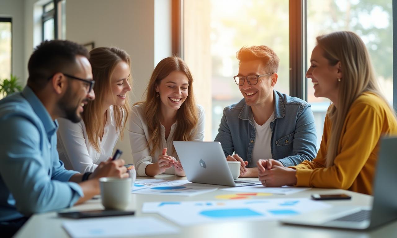Équipe de collaborateurs diversifiée et souriante, travaillant ensemble dans un bureau moderne et lumineux, symbolisant la croissance et l'innovation